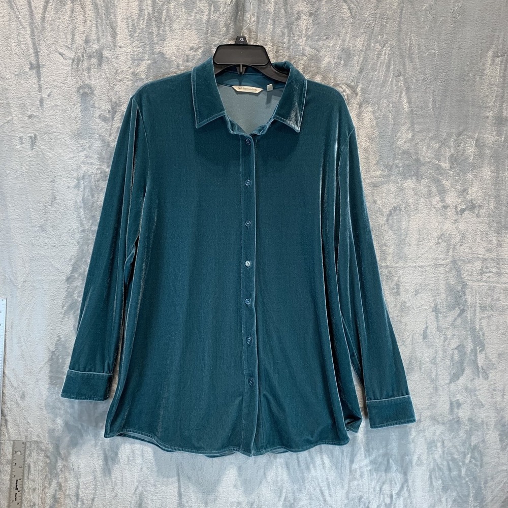 Soft Surroundings Women's Button Up Shirt L Tunic Top Blouse Teal Blue Velour